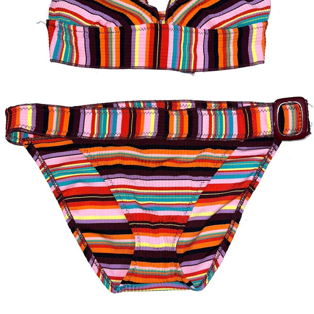 Becca Retro Colorful Striped Triangle Halter Buckle Bikini Swim Set Size Large - Picture 5 of 15